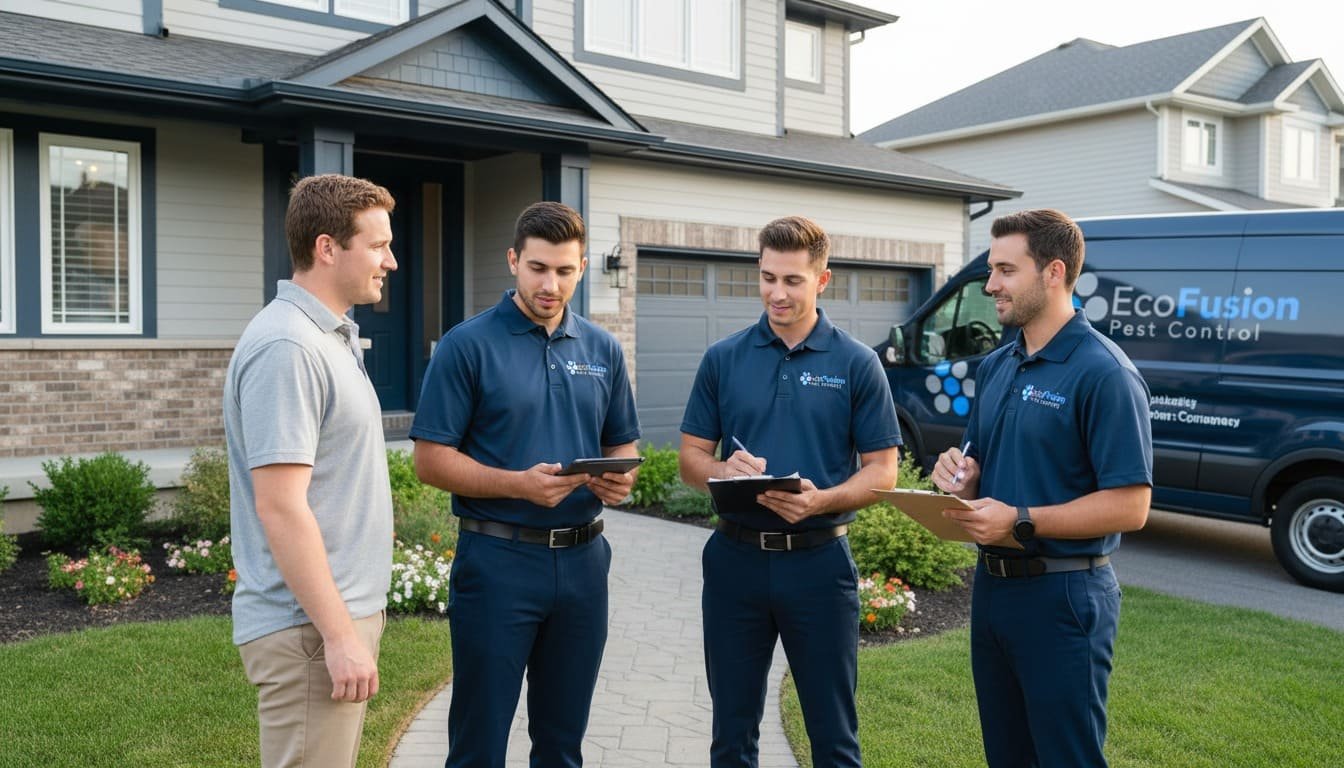exterminator team consulting with homeowner